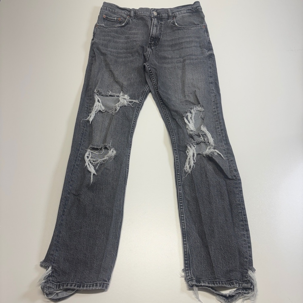 Zara Jeans Womens 10 Gray Distressed Ripped Straight Leg Y2K Grunge Denim